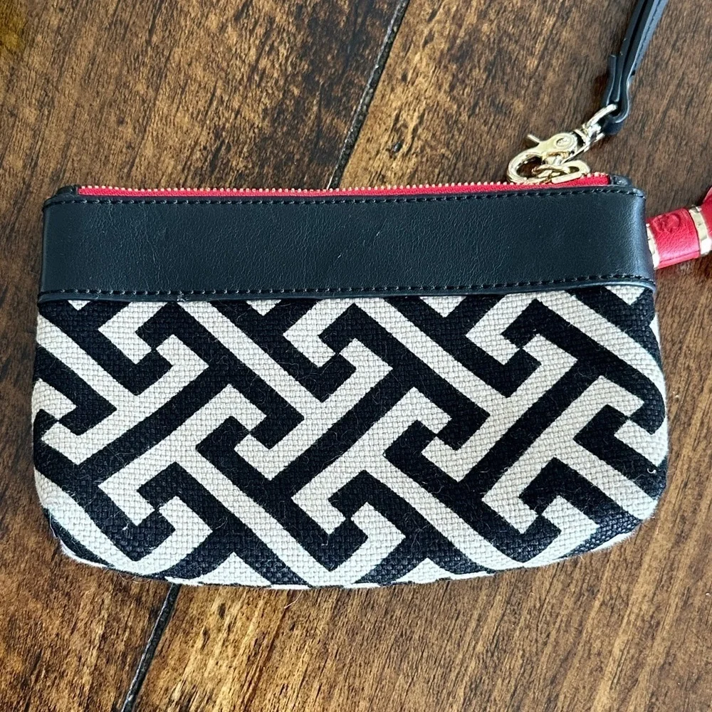 Spartina 449 | Linen & Leather Wristlet in a Cream, Black & Red Geometric Print